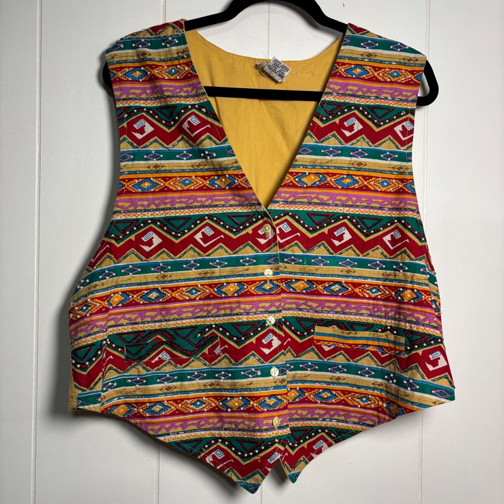 Y2K Plus 1X Beaded Southwestern Folk Geometric Desert Cotton Vest Yellow Red